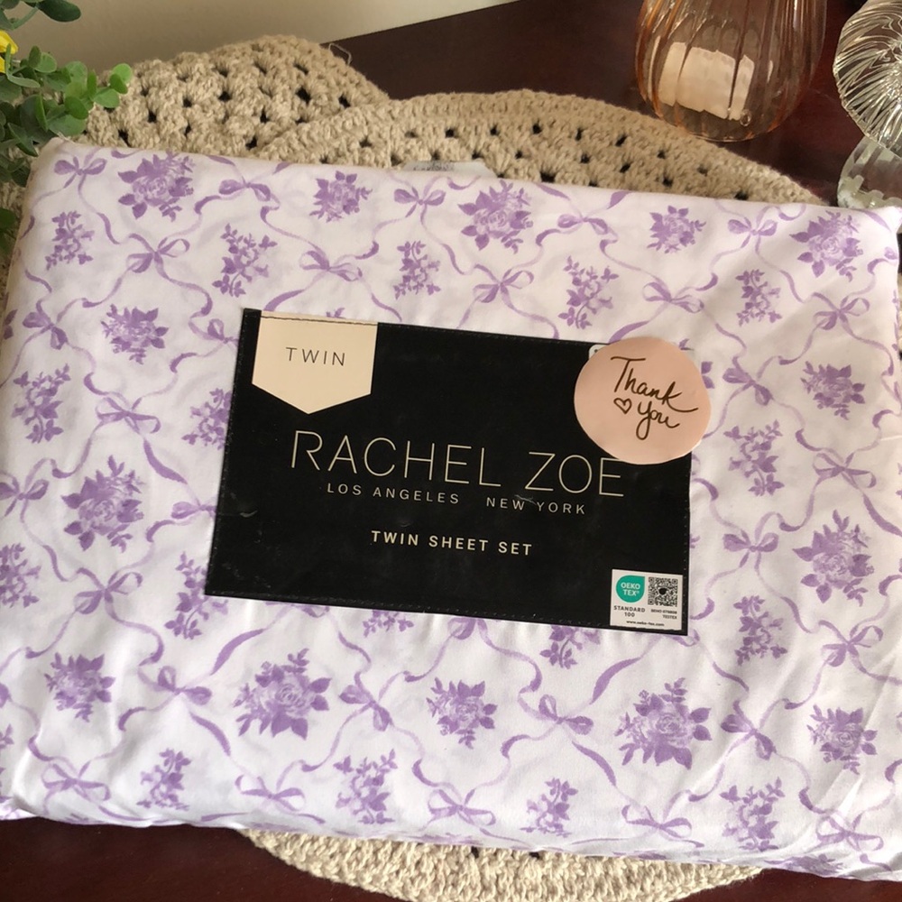 Rachel Zoe Purple & White FLORAL and BOW Twin Sheet Set